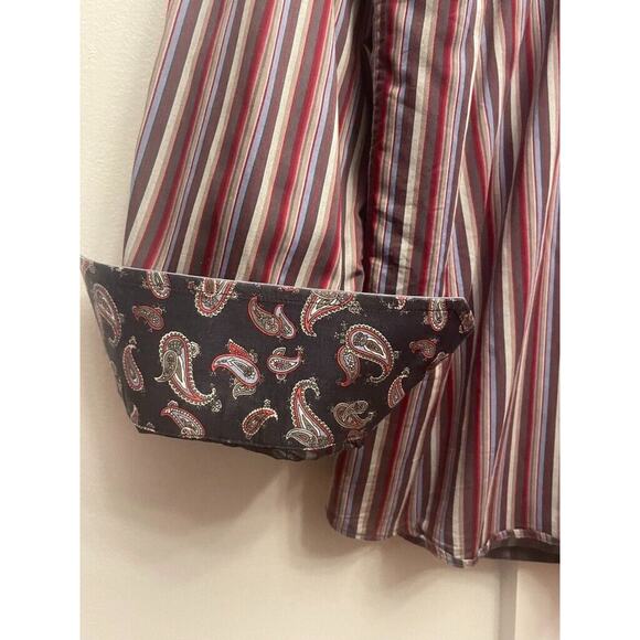 Bugatchi Uomo Multi Brown Red Blue Stripe Button Down Shirt Flip Cuff Paisley‎ L - Picture 3 of 3